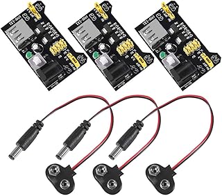 3.3V 5V MB102 Solderless Breadboard Power Supply Module with 9V Battery Clip Power Cable 2.1x 5.5mm Male DC Jack Plug for Arduino (Pack of 3)