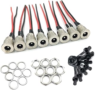 8Pack Female DC Threaded Barrel Jack Panel Adapter 5.5mm x 2.1mm Connector 18AWG Wire DC Power Jack Panel Mount Socket 2 Pin Solder Type with Dustproof Plug for MP3 Phone Audio Video