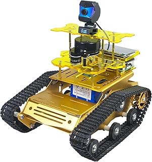 Smart Tank Robot Car ROS SLAM with LIDAR, Aluminum Alloy Chassis, Display, HD Camera, Support SLAM Mapping Navigation and Autonomous Driving (with Raspberry Pi 4B 4GB), AI Tracked Car (Yellow)
