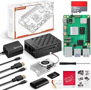 RasTech Raspberry Pi 5 4GB Kit 64GB Edition with Active Cooler,27W 5.1V5A USB-C Power Supply,Dual 4K Micro HD Out Cables,Pi5 4GB Board,64GB Card Readers Kit,Pi 5 Case,Screwdriver and User Manual