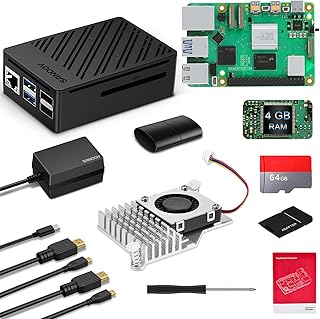 Raspberry Pi 5 4GB Kit with Active Cooler 64GB Edition,27W GaN 5.1V5A USB-C Power Supply,Pi5 4GB Board,64GB Card Readers Kit,Pi 5 ABS Case,Dual 4K Micro HD Out Cables and User Manual